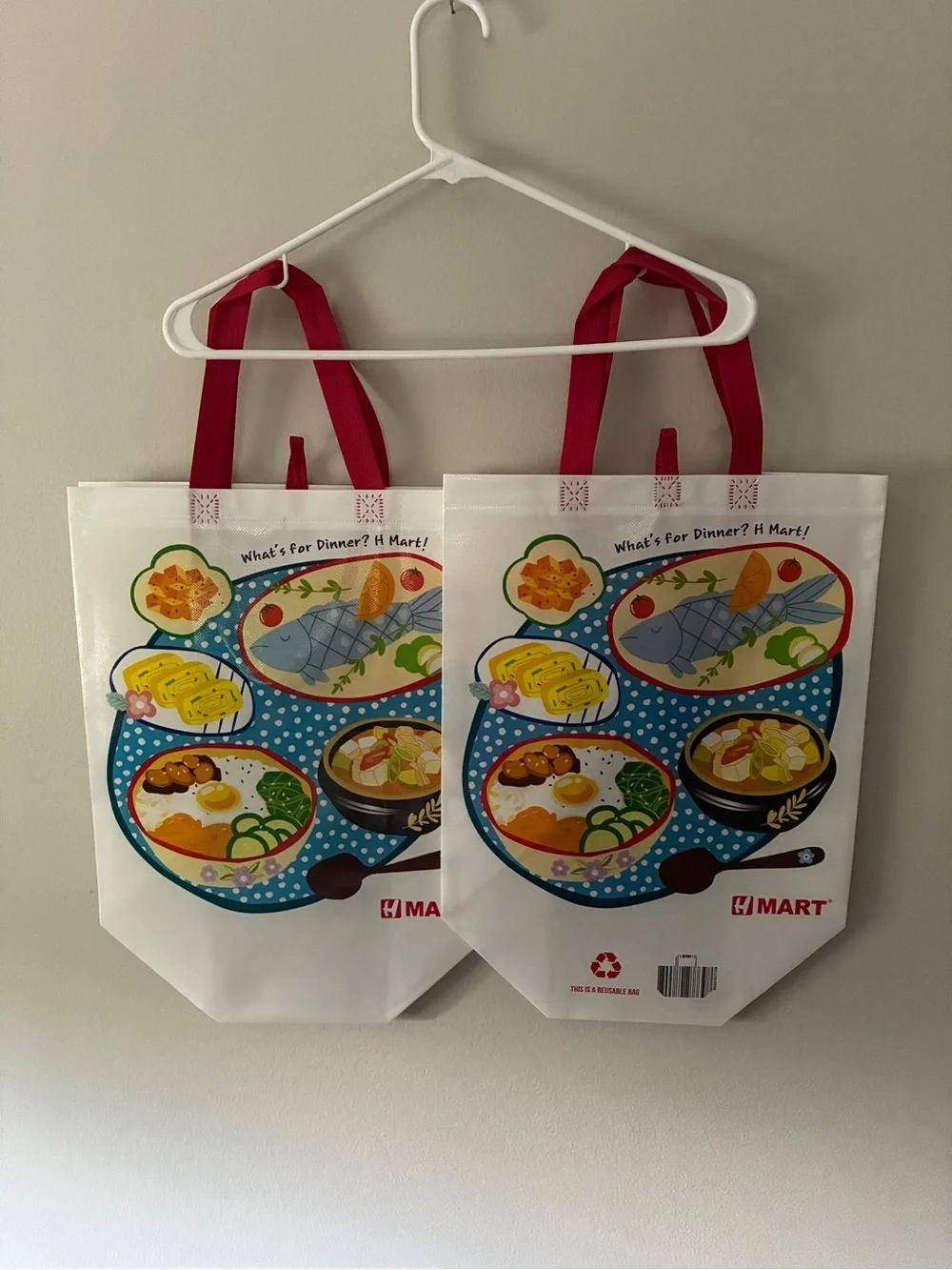 H Mart Reusable Grocery Tote Bag - White with Colorful Food Print